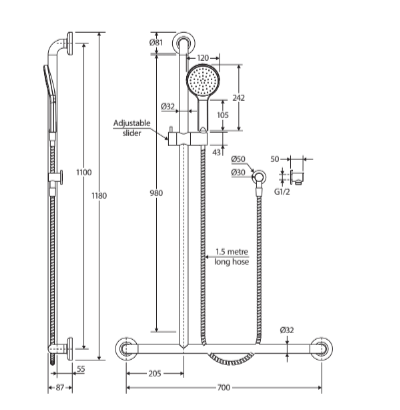 Fienza Luciana Care Inverted T Rail Shower, Right-Hand