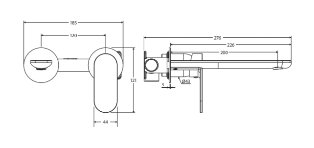 Fienza Empire Slim Basin/Bath Wall Mixer Set, Round Plates, 200mm Outlet Chrome