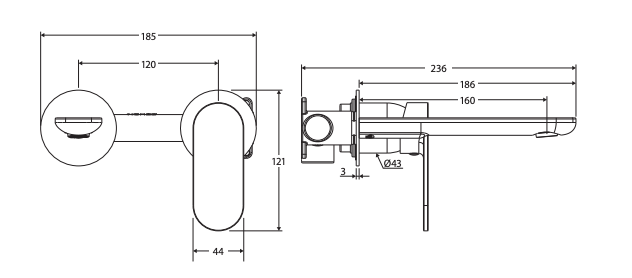Fienza Empire Slim Basin/Bath Wall Mixer Set, Round Plates, 160mm Outlet Matte Black