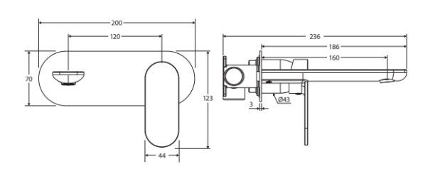 Fienza Empire Slim Basin/Bath Wall Mixer Set, Oval Plate, 160mm Outlet Matte Black