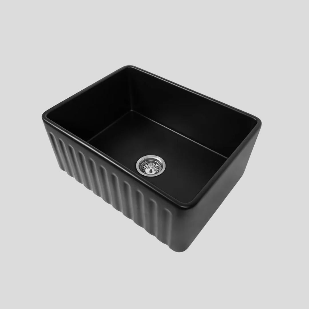 Ovia 610x459x254mm Fine Fireclay Butler Sink Single Bowl Farmhouse Kitchen Sink Matte Black
