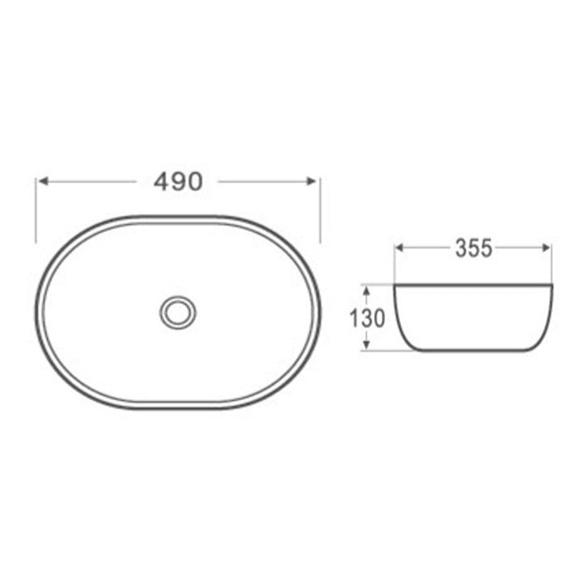 490*355*130mm Oval Above Counter Gloss White Ceramic Basin Ultra Slim