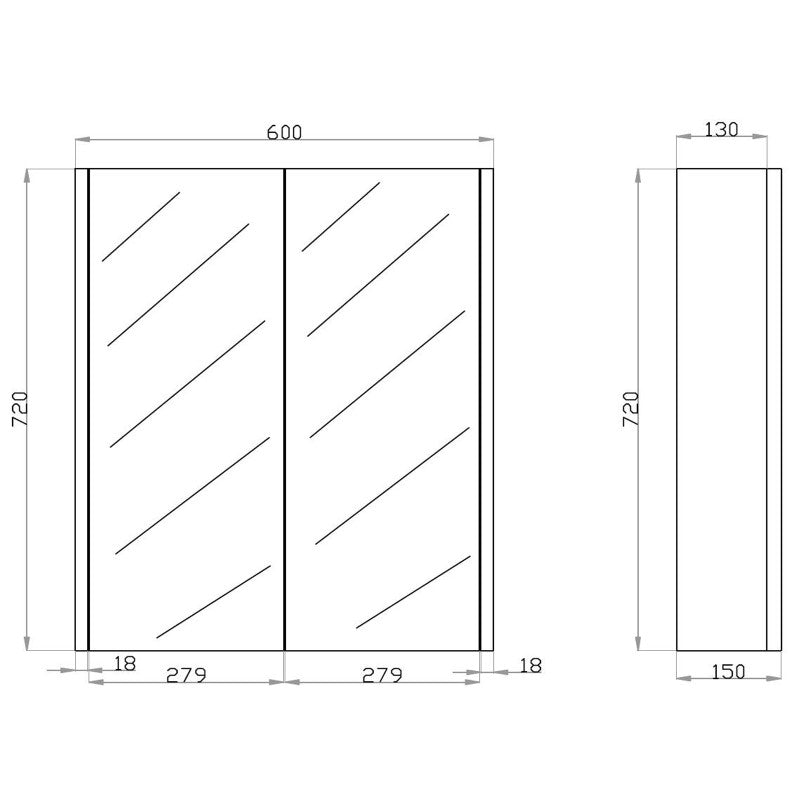 600Lx720Hx150Dmm Dark Oak Wood Grain PVC Filmed Shaving Cabinet Wall Hung With Mirror