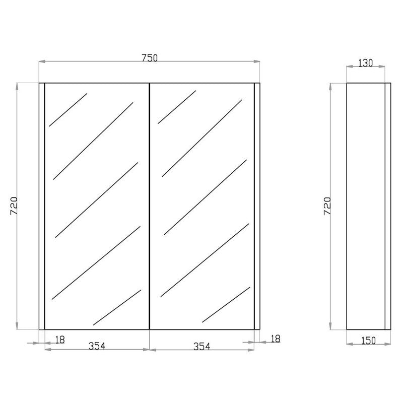 750Lx720Hx150Dmm Dark Oak Wood Grain PVC Filmed Shaving Cabinet Copper Free