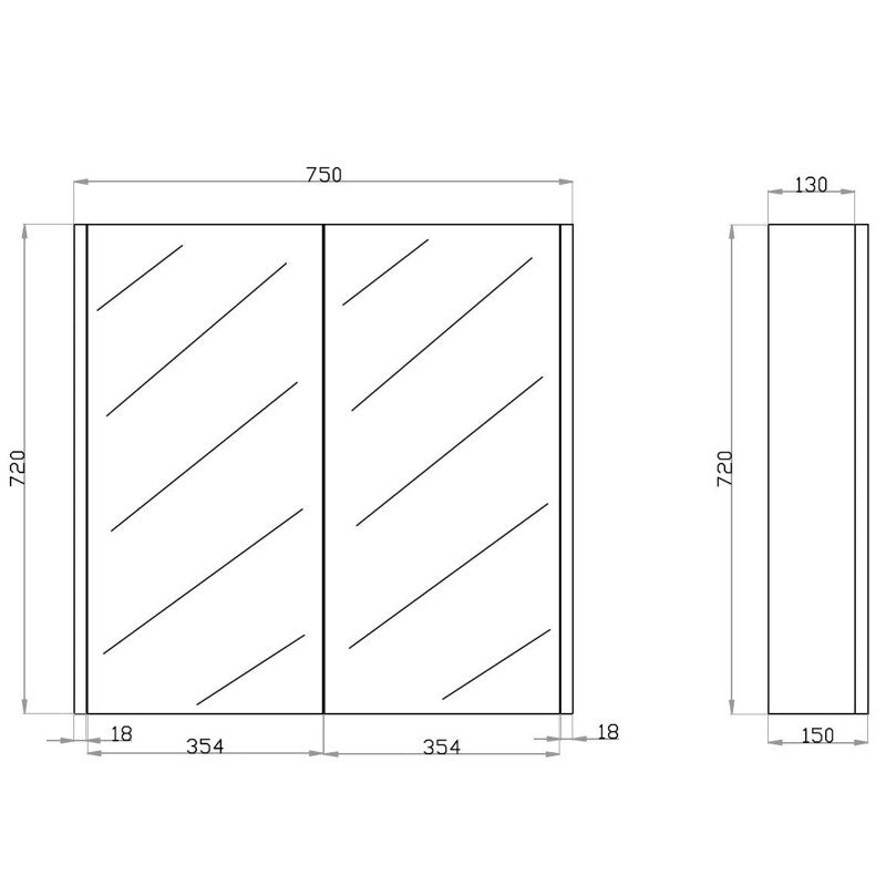 750Lx720Hx150Dmm White Oak Wood Grain PVC Filmed Shaving Cabinet Wall Hung Medicine Cabinet