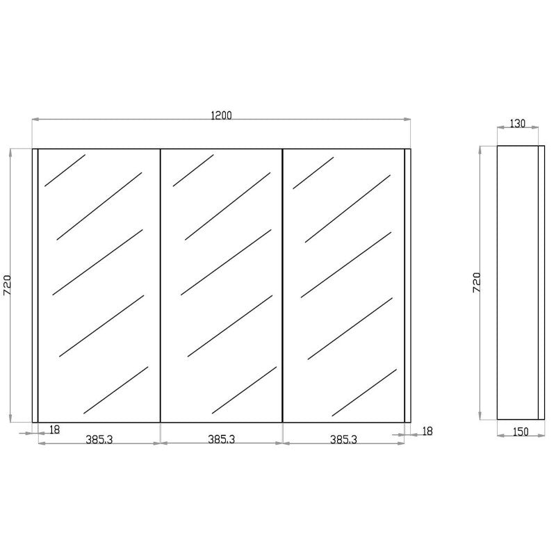 1200Lx720Hx150Dmm Dark Grey Wood Grain PVC Filmed Shaving Cabinet Copper Free