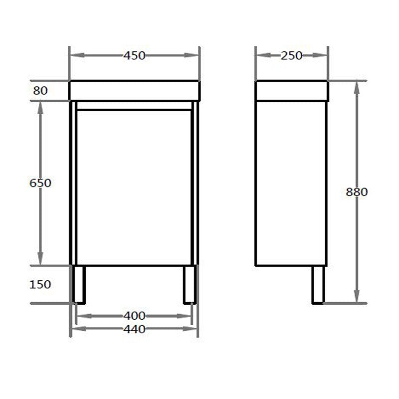 450x250x880mm Freestanding Narrow Bathroom Vanity with Poly Top Left Hand Hinge Polyurethane White PVC