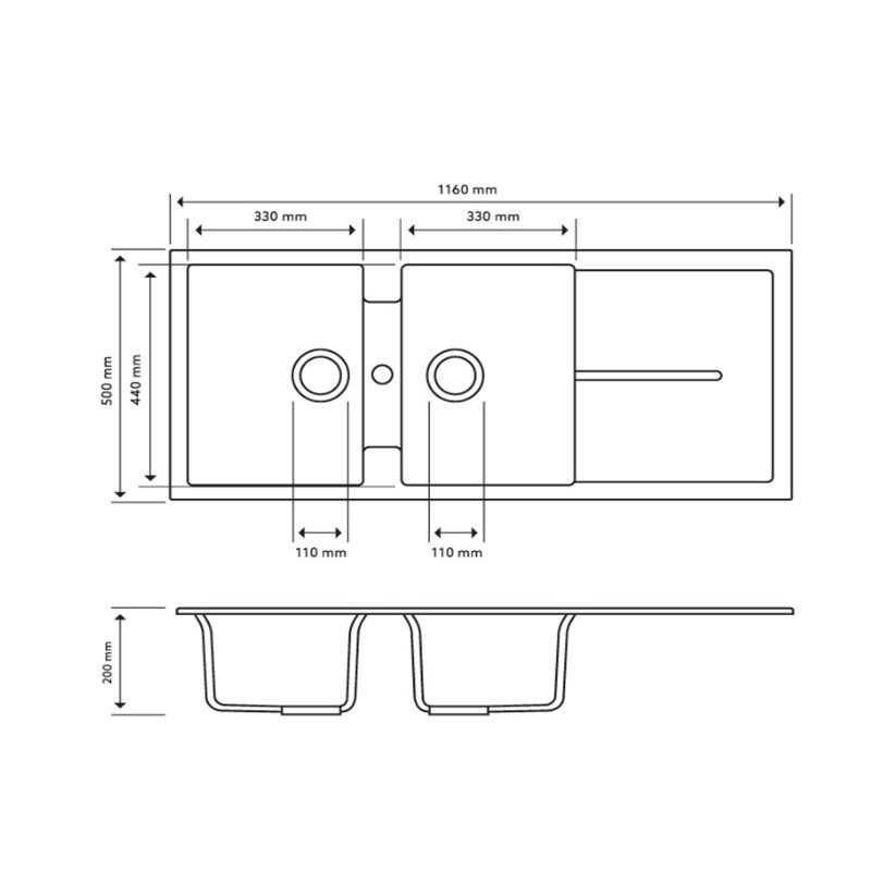 1160x500mm Metallic Black Double Bowl Kitchen Sink Reversible Topmount with Overflow
