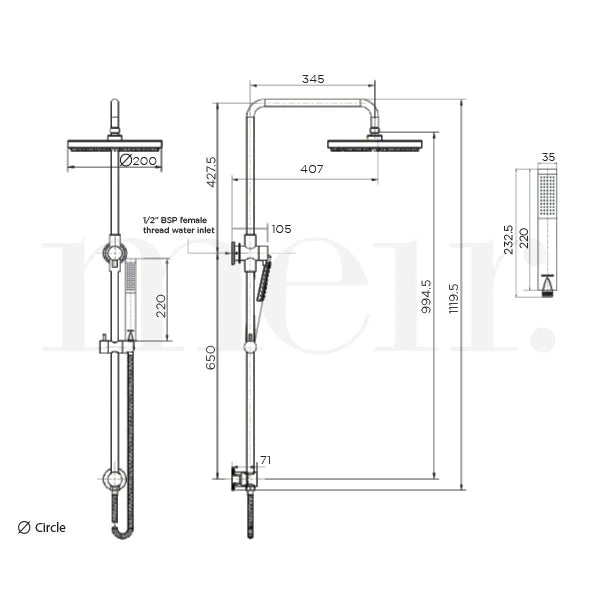 Meir 2 in 1 Twin Round Combination Shower Rail 200mm Rose & Hand Shower Brushed Nickel