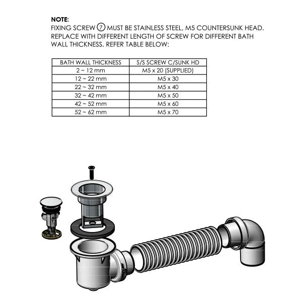ART Australia Bath Bend Pop Down® and Connector Brushed Chrome