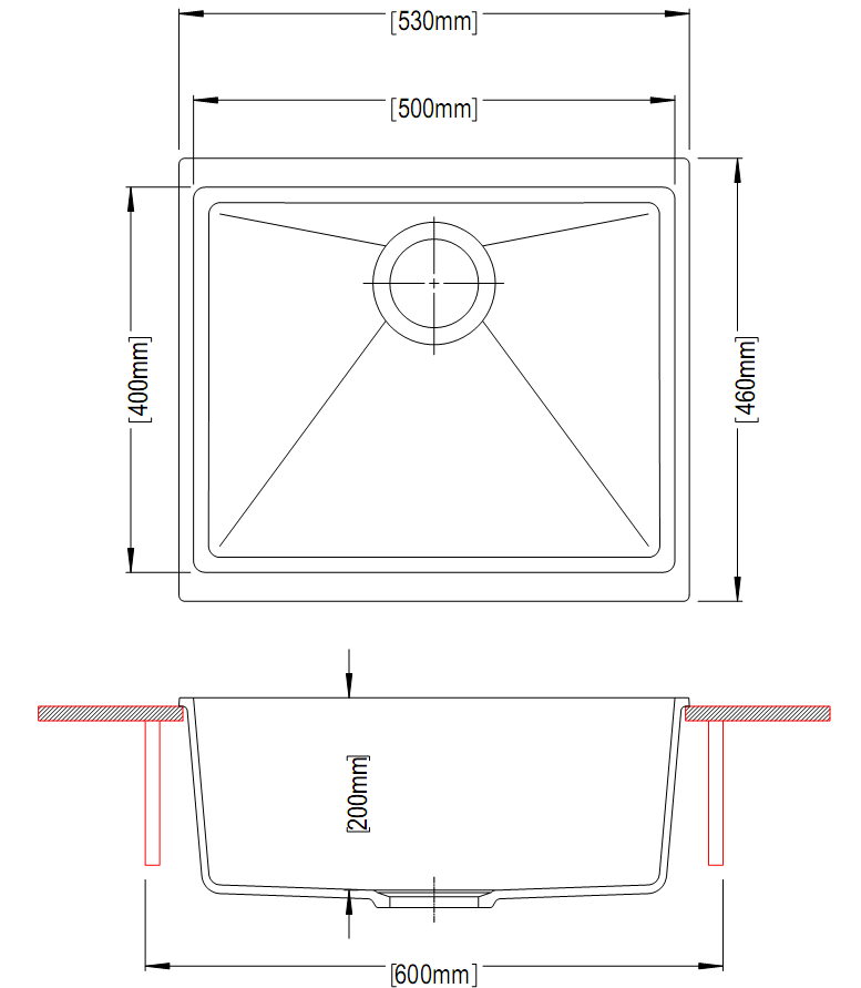 530 x 460 x 200mm Carysil Black Single Bowl Granite Kitchen/Laundry Sink Top/Flush/Under Mount