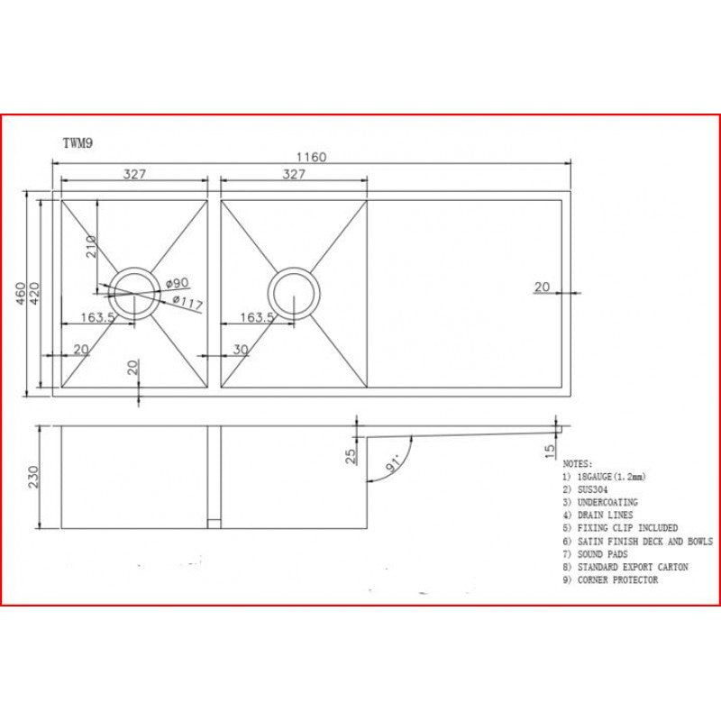 1160x460x230mm 1.2mm Handmade Top/Undermount Double Bowls Kitchen Sink