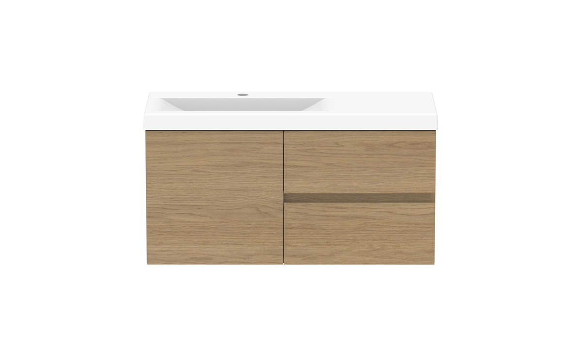 Drift Ensuite Vanity — 900mm · Left Bowl · Boston Oak
