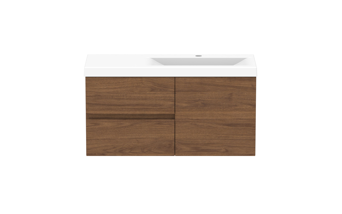 Drift Ensuite Vanity — 900mm · Right Bowl · Florentine Walnut