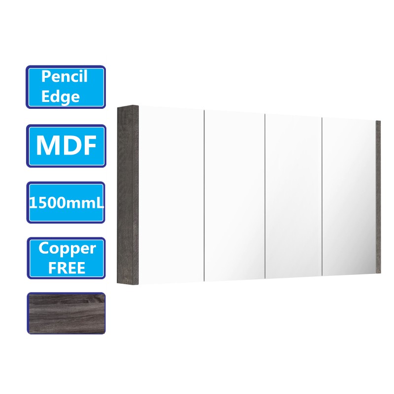 1500Lx720Hx150Dmm Dark Grey Wood Grain PVC Filmed Shaving Cabinet With Mirror Wall Hung