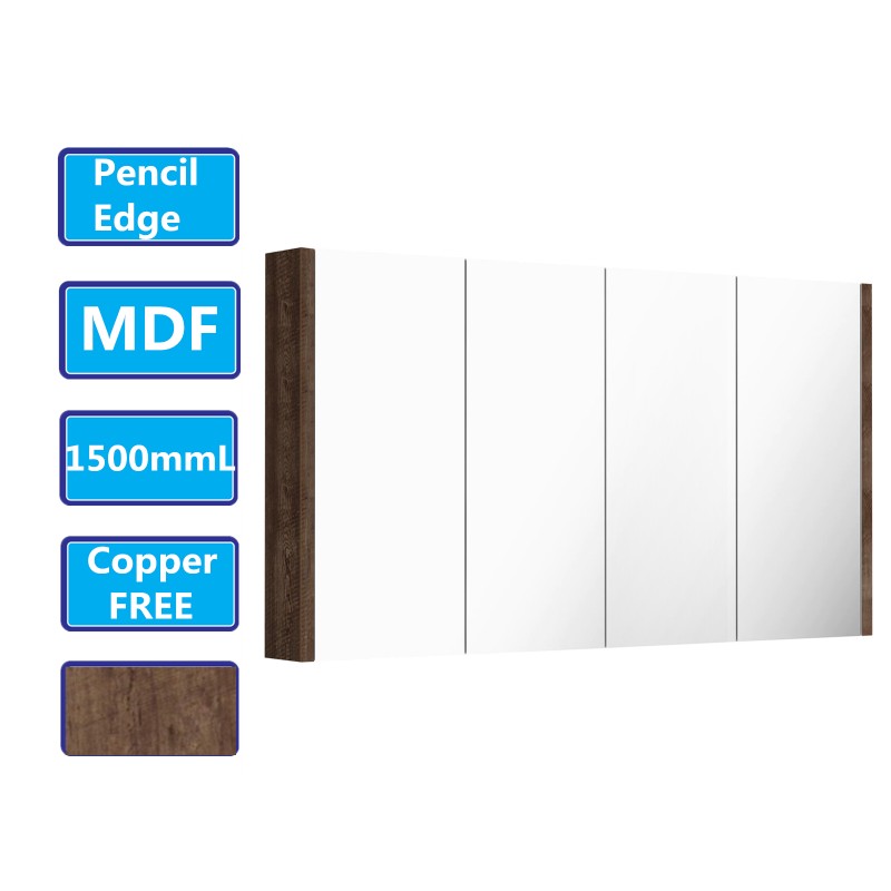 1500Lx720Hx150Dmm Dark Oak Wood Grain PVC Filmed Shaving Cabinet With Mirror Wall Hung