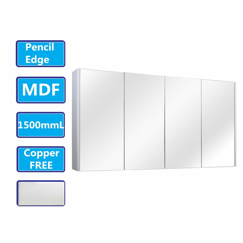 1500Lx720Hx150Dmm Matt White PVC Filmed Shaving Cabinet With Copper Free Mirror Wall Hung