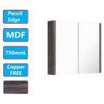 750Lx720Hx150Dmm Dark Grey Wood Grain PVC Filmed Shaving Cabinet Copper Free