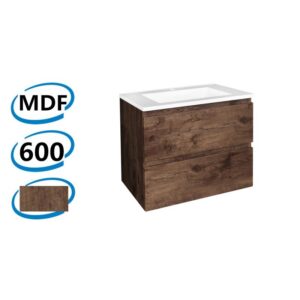 600x460x540mm Wall Hung Bathroom Vanity Dark Oak Wood Grain PVC Vacuum Filmed Double Drawers Ceramic/Poly Top