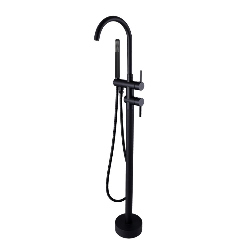 Aquaperla Round Black Freestanding Bath Mixer With Handheld Shower