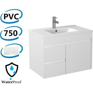 750x460x550mm Bathroom Vanity Wall Hung Cabinet Thin Ceramic Top/Poly Top with Left Side Drawers PVC White