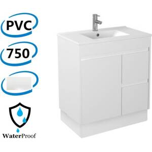 750x460x880mm Bathroom Vanity Ceramic Top / Poly Top Freestanding Kick-board White PVC Right Hand Side Drawers Polyurethane Cabinet