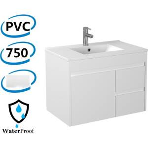 750x460x550mm Bathroom Vanity Wall Hung Cabinet Thin Ceramic Top/Poly Top with Right Side Drawers PVC White