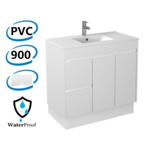 900x460x880mm Bathroom Vanity on Kickboard White PVC Thin Ceramic Top/Poly Top Left Hand Side Drawers Polyurethane Cabinet