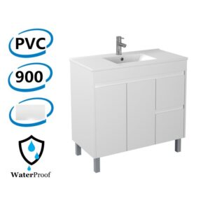 900x460x880mm Bathroom Vanity Thin Ceramic Top / Poly Top Freestanding Right Side Drawers White PVC Polyurethane
