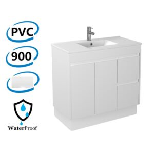 900x460x880mm Bathroom Vanity on Kickboard White PVC Thin Ceramic Top/Poly Top Right Hand Side Drawers Polyurethane Cabinet