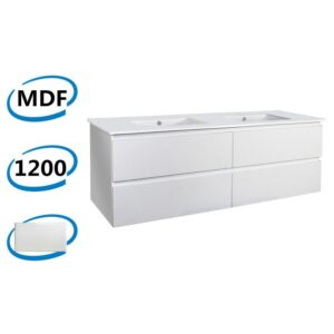 1200x460x500mm Wall Hung Bathroom Vanity Matt White PVC Vacuum Filmed 4 Drawers Double Bowls Ceramic Top