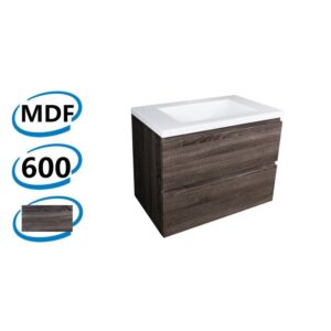 600x460x540mm Wall Hung Bathroom Vanity Ceramic / Poly Top DARK Grey Wood Grain PVC Vacuum Filmed MDF Board