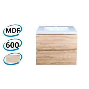600x460x540mm Wall Hung Bathroom Vanity Ceramic / Poly Top Wood Grain White Oak PVC Filmed MDF Board