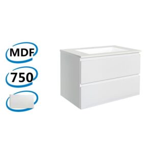 750x460x540mm Wall Hung Bathroom Vanity Matt White PVC Vacuum Filmed Double Drawers Ceramic/Poly Top