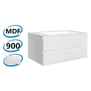 900x460x540mm Wall Hung Bathroom Vanity Matt White PVC Vacuum Filmed Double Drawers Ceramic/Poly Top