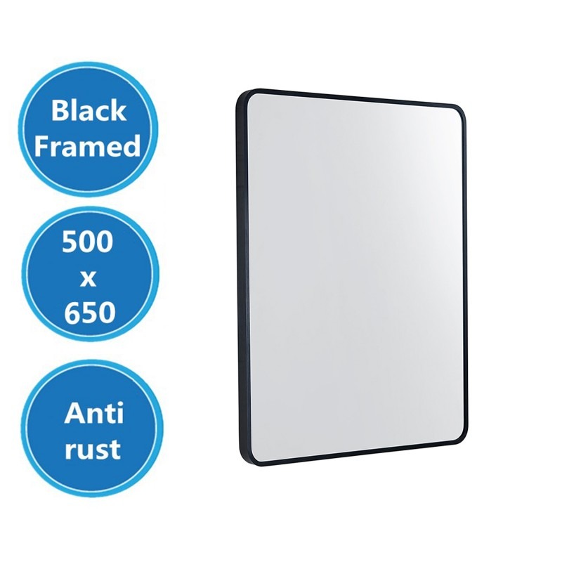 500x650x40mm Black Aluminum Framed Rectangle Bathroom Wall Mirror Rim Round Corner