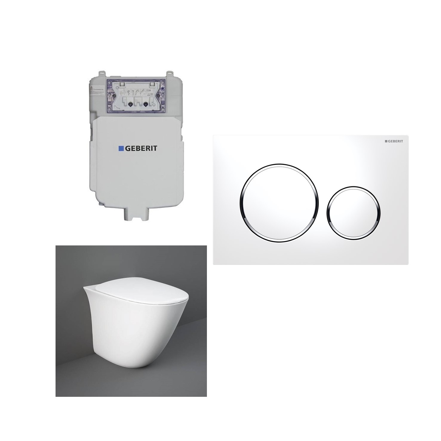 Geberit Sigma 8 RAK Sensation Rimless In Wall Cistern Toilet Suite with White Button Chrome Trim