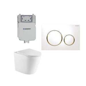Geberit Sigma 8 Isabella Rimless In Wall Cistern Toilet Suite with White Button Gold Trim
