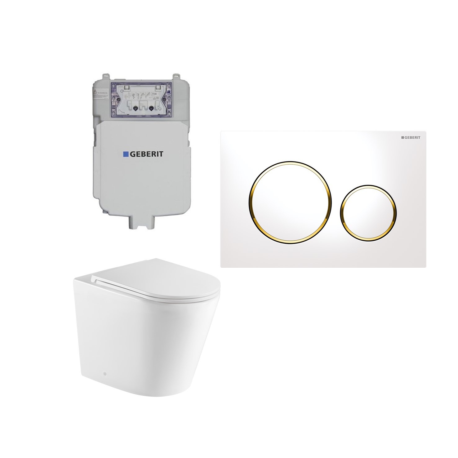 Geberit Sigma 8 Aluca Rimless  Tornado In Wall Cistern Toilet Suite with White Button Gold Trim