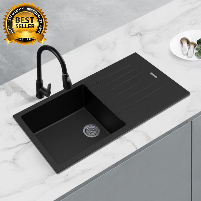 1000*500*200mm Metallic black granite stone kitchen sink with rainboard