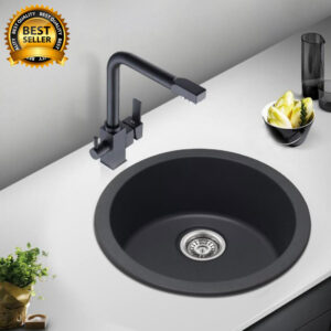 460x191mm Black Granite Quartz Stone Kitchen/Laundry Sink Round Single Bowl Top/Under Mount