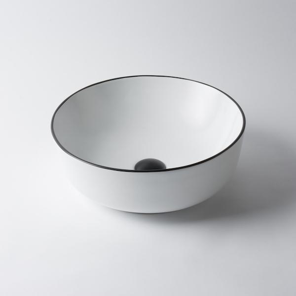 Ovia Claya 360x360x120mm Above Counter Ceramic Basin Gloss White With Black Rim Bathroom Round Wash Basin