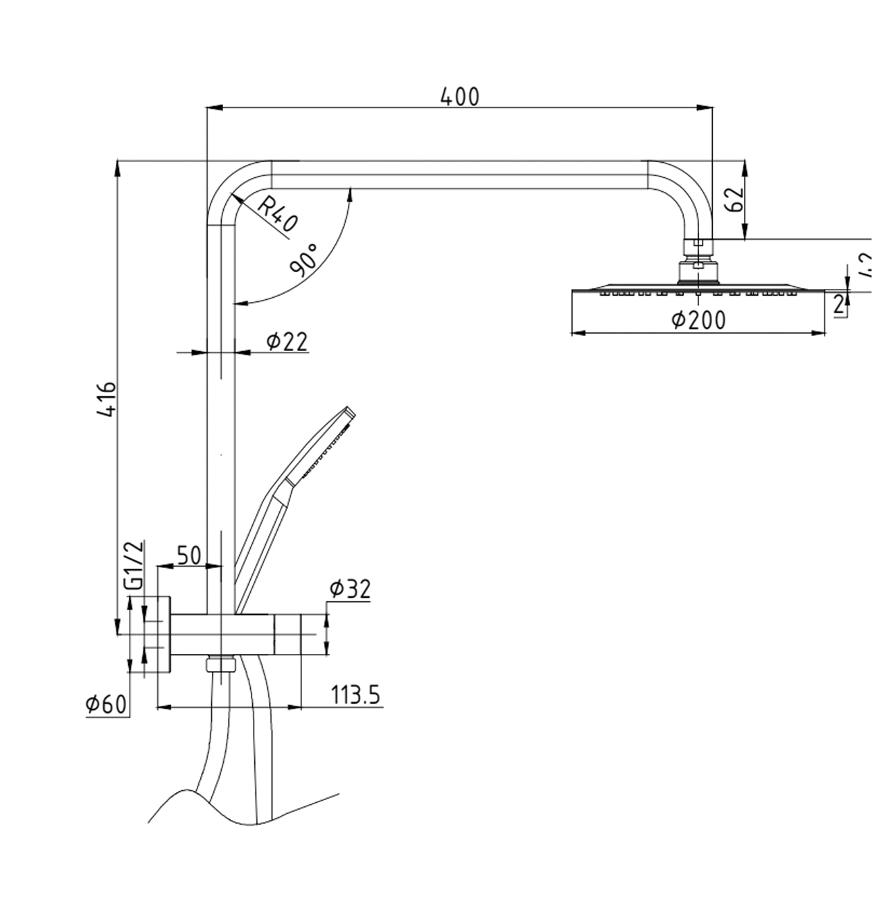 Ovia 2 In 1 Shower Half Rail Chrome Line Drawing