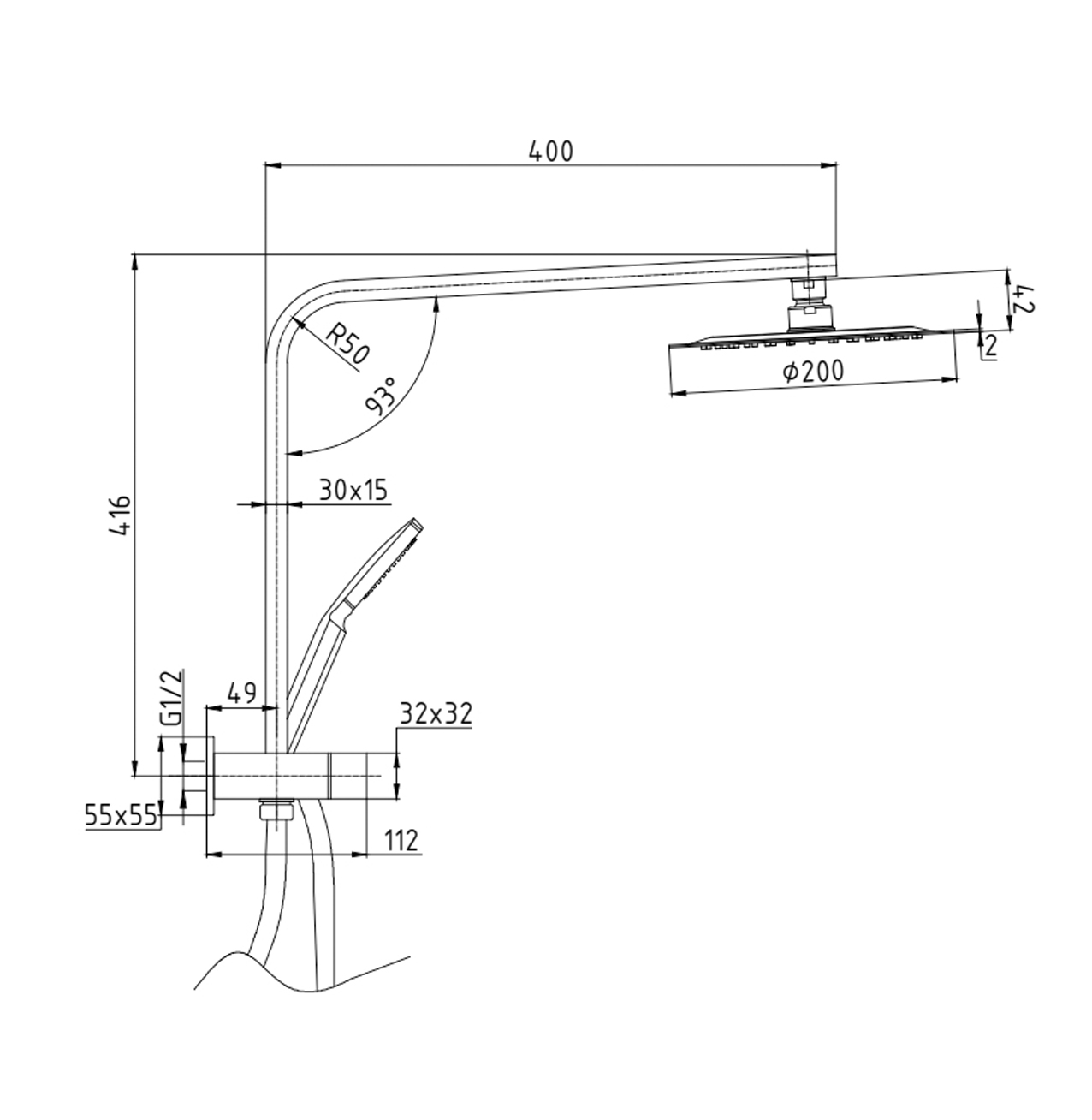 Ovia 2 in 1 Half Rail Square Chrome Line Darwing