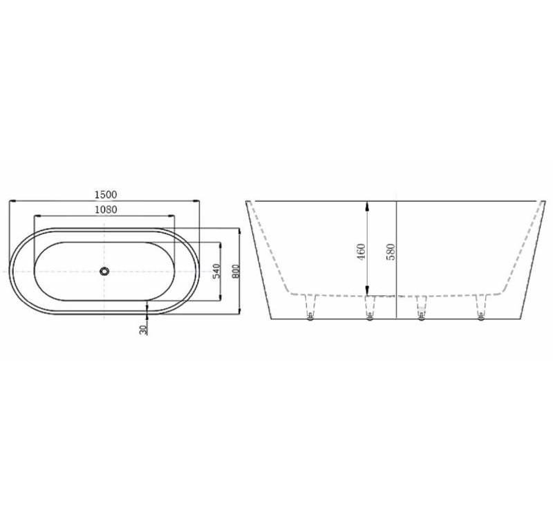 1500mm Ovia Milan Oval Free Standing Bath Tub Gloss White No Overflow