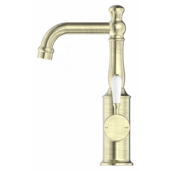 York Basin Mixer With White Porcelain Lever Aged Brass
