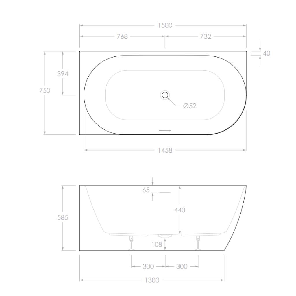 Ovia Vienna 1500mm Left Hand Corner Bath Tub Matte White No Overflow