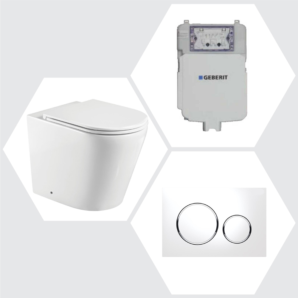 Geberit Sigma 8 Aluca Rimless  Tornado In Wall Cistern Toilet Suite with White Button Chrome Trim