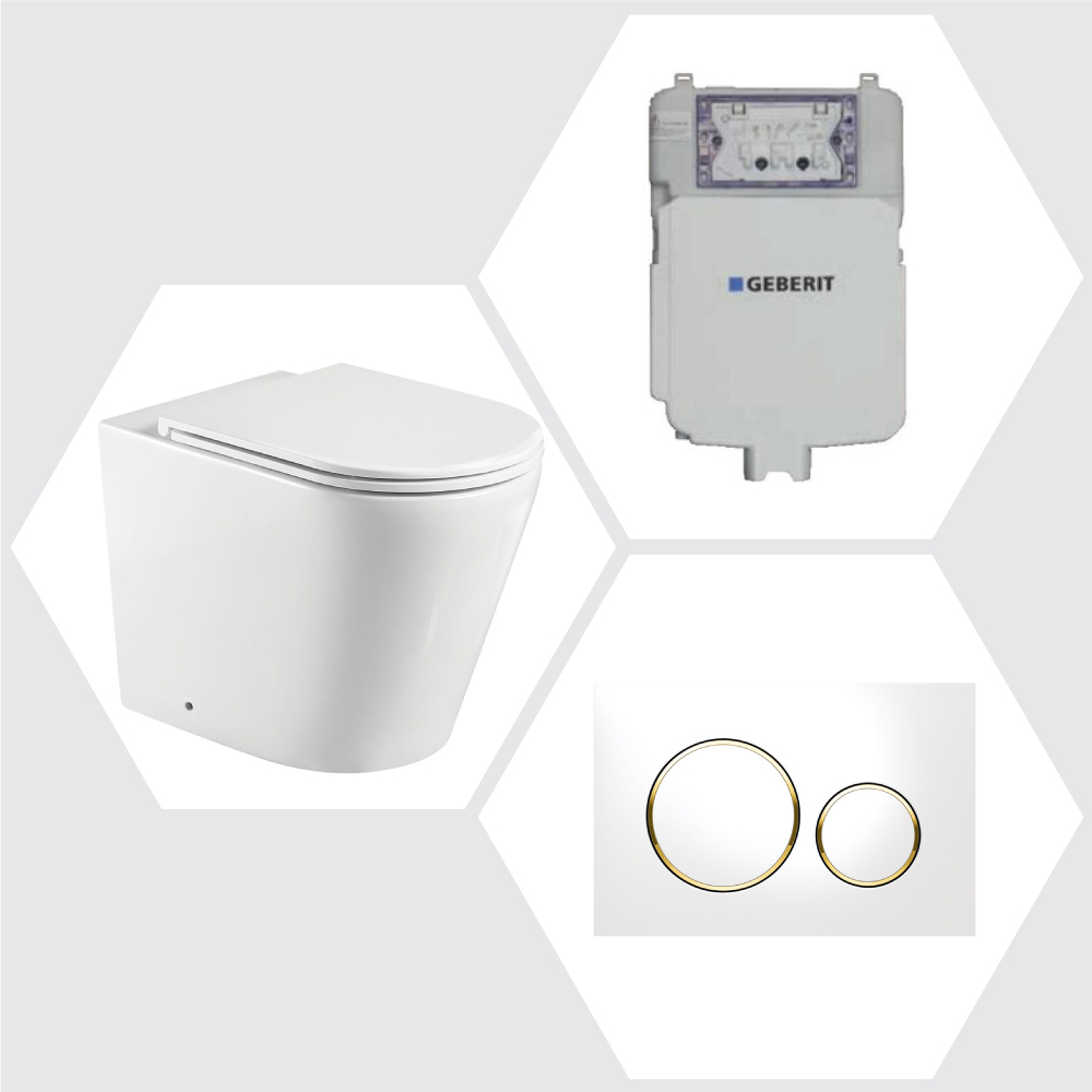 Geberit Sigma 8 Aluca Rimless  Tornado In Wall Cistern Toilet Suite with White Button Gold Trim