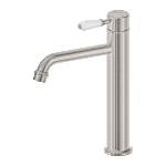 Nero York Straight Tall Basin Mixer With White Porcelain Lever Brushed Nickel